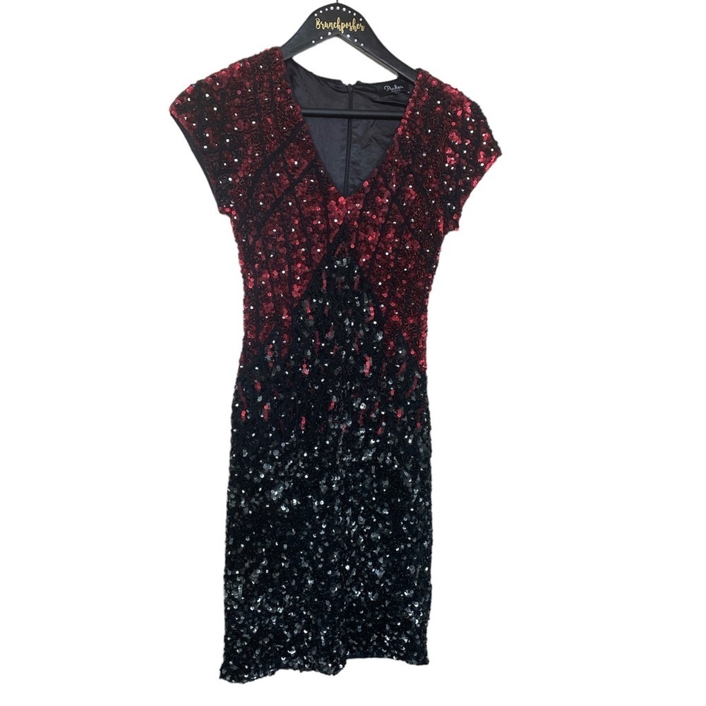 Parker Black Label Black Red Sequin Cap Sleeve V Neck Mini Dress